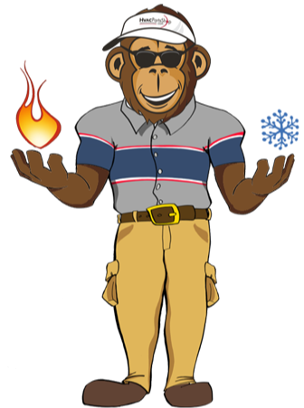 Parts shop mascot holding flame and snowflake